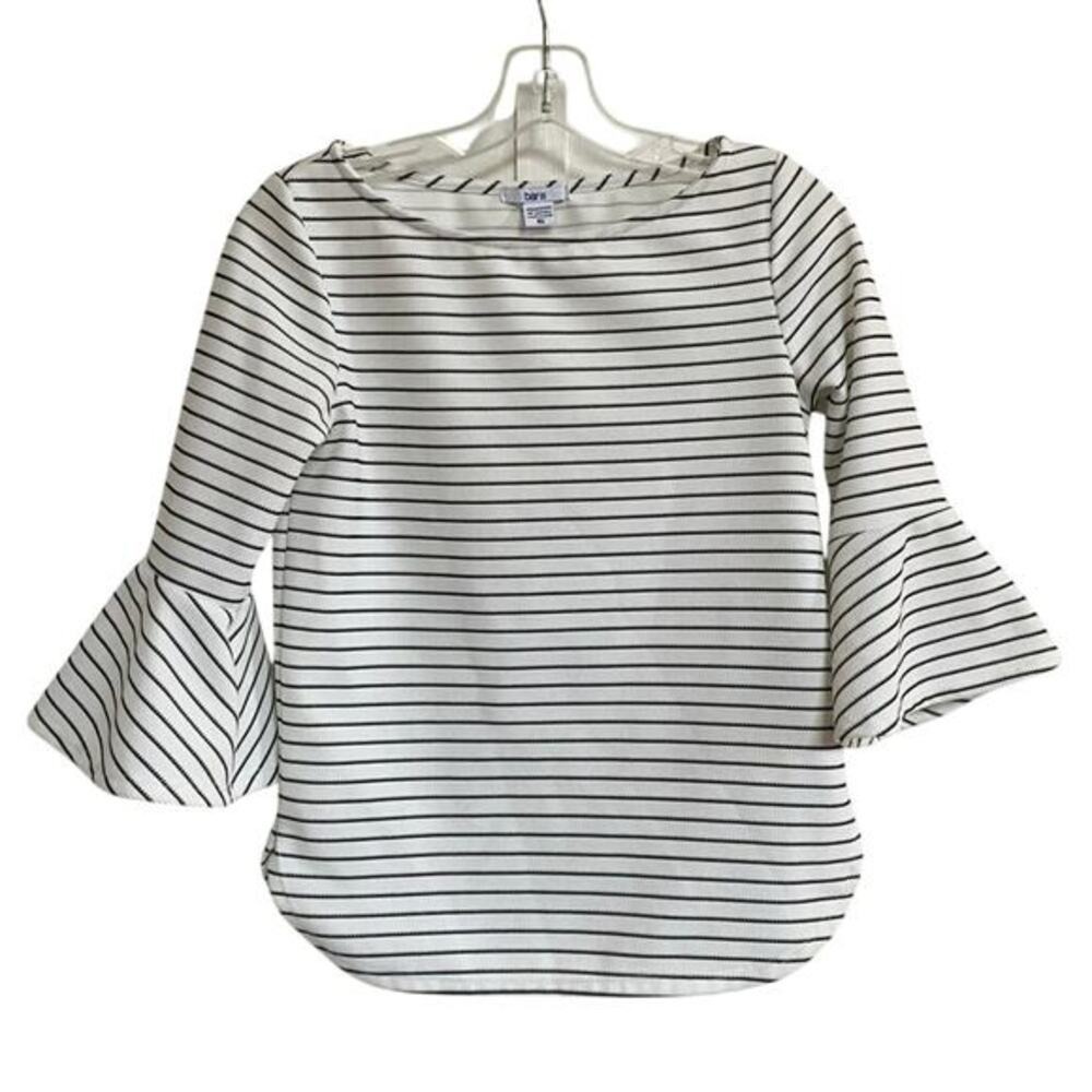 Bar‎ III White/Black Striped Flounce Sleeve Blouse -Textured XS